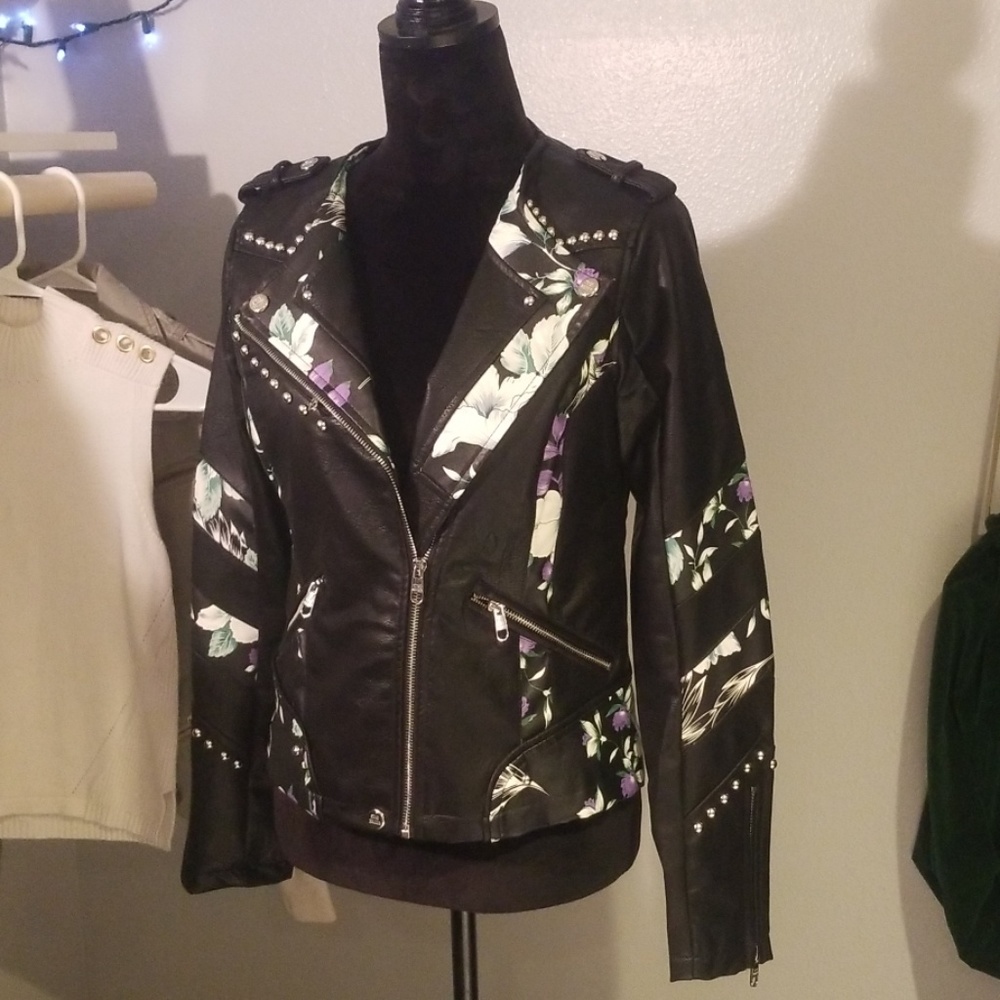 New Leather Jacket with floral accents